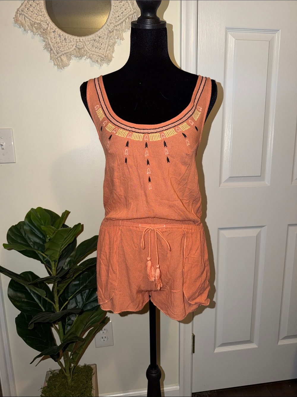 Embroidered Peach Knit Romper